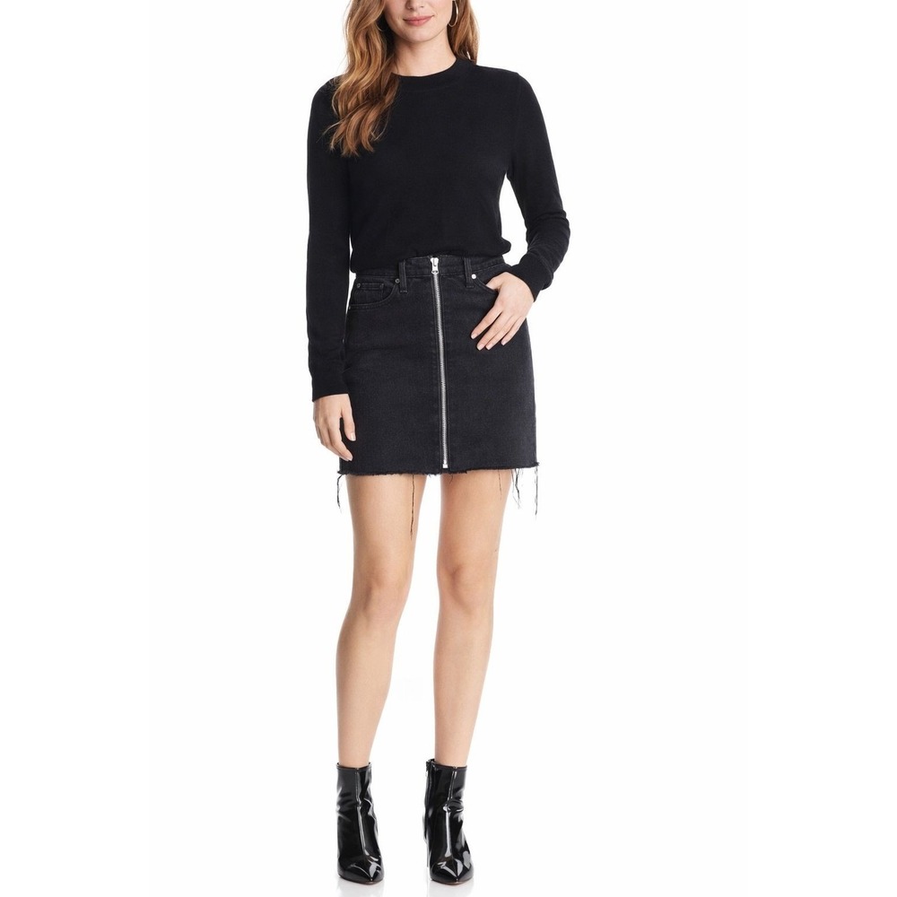 RAG & BONE Women's Mini Denim Skirt 27 Black Zip Front Raw Hem Cotton USA Made